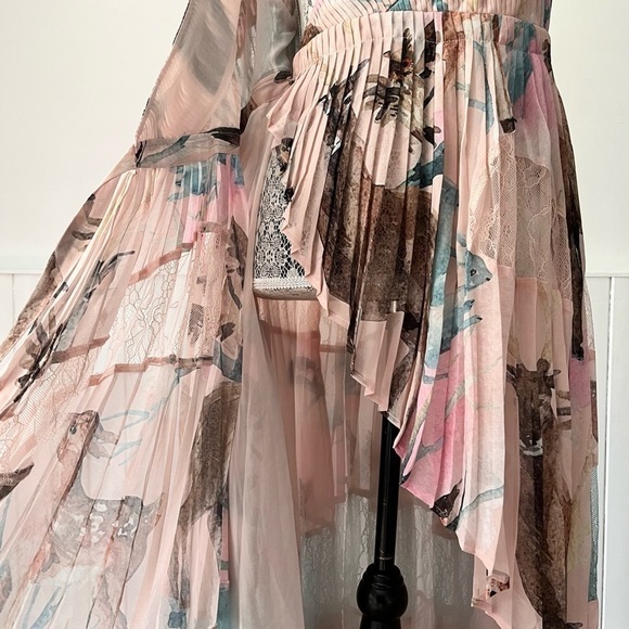 Pastel Chiffon Lace Patchwork Pleated Wrap Dress Size L - Picture 7 of 15